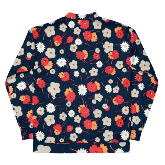 White, gray, pink and red flowers pattern  Unisex Bomber Jacket - Picture 4 of 10